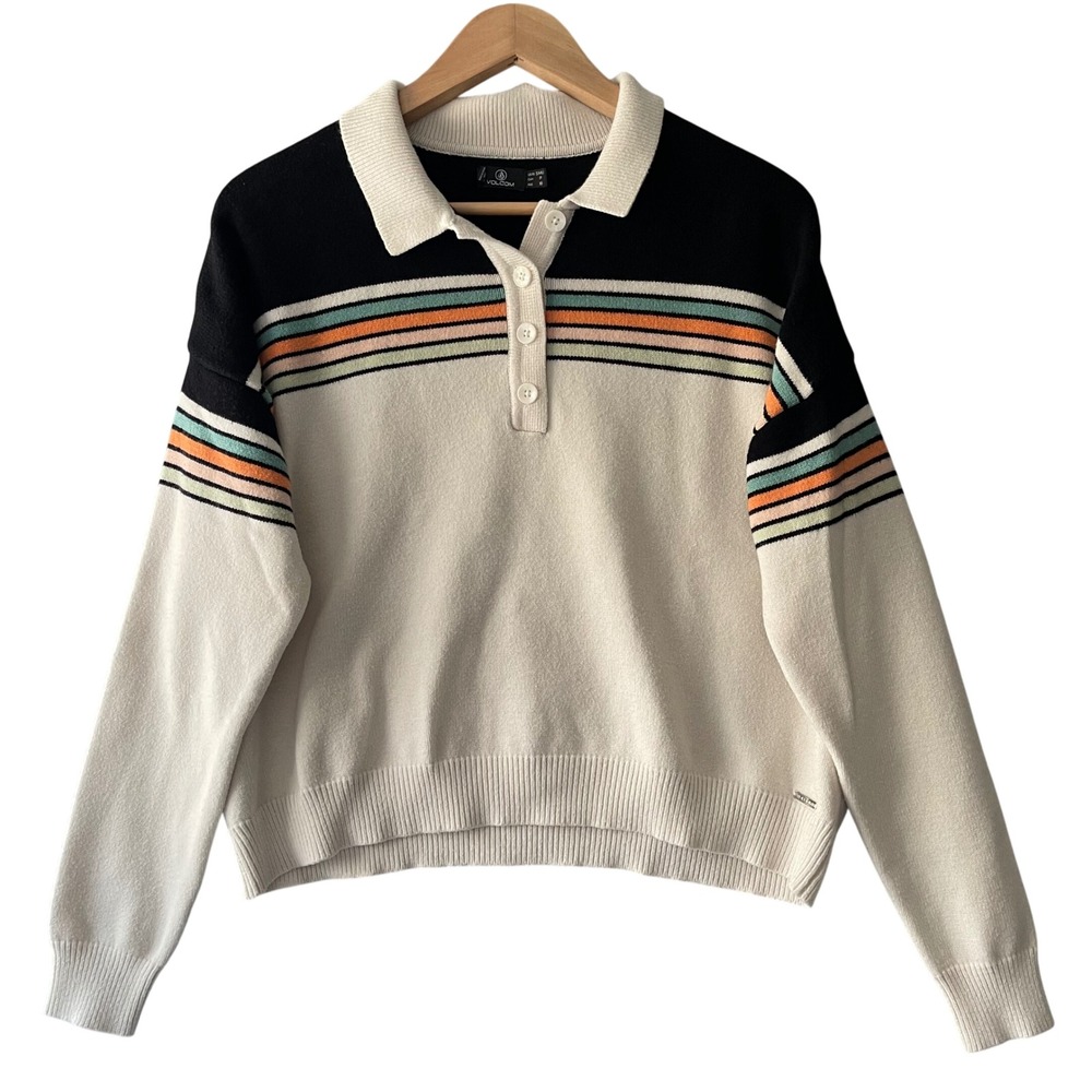 Volcom Polo Sweater Women Small Cream Colorblock Knit‎ Top Skate Retro Indie 90s